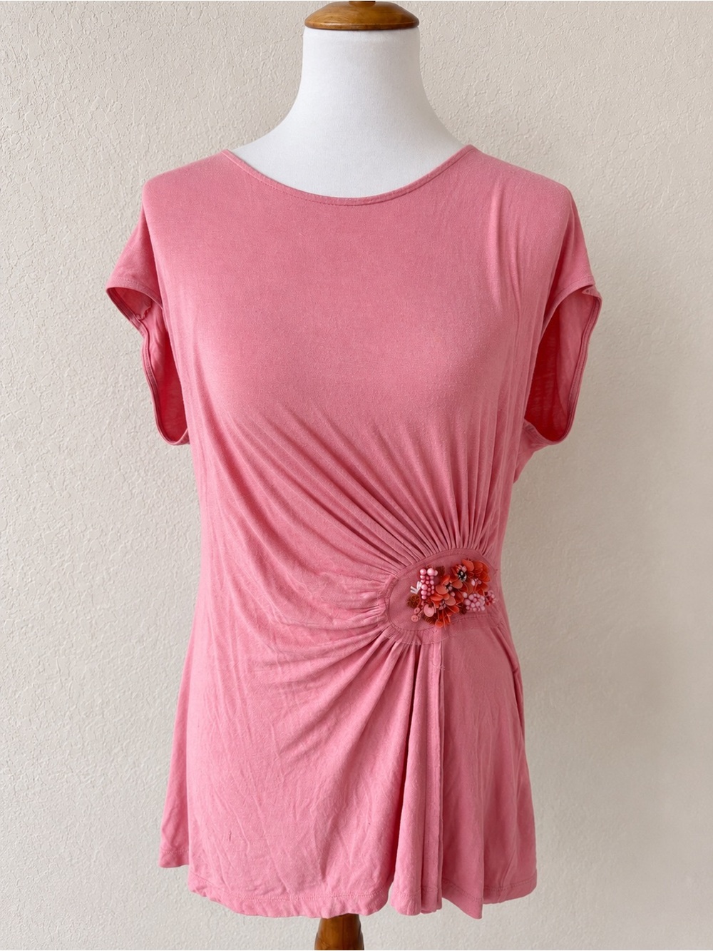Vtg Valerie Bertinelli Pink Ruched Beaded Floral Short Sleeve Y2K Top Medium